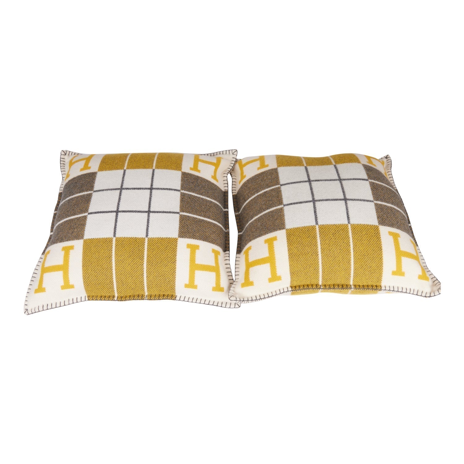 Hermes "Avalon III" Gris and Soleil Signature H Cushion PM Set of Two