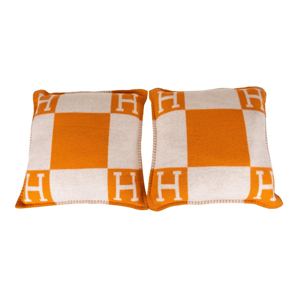 Hermes "Avalon" Ecru and Potiron Signature H Cushion PM Set of Two