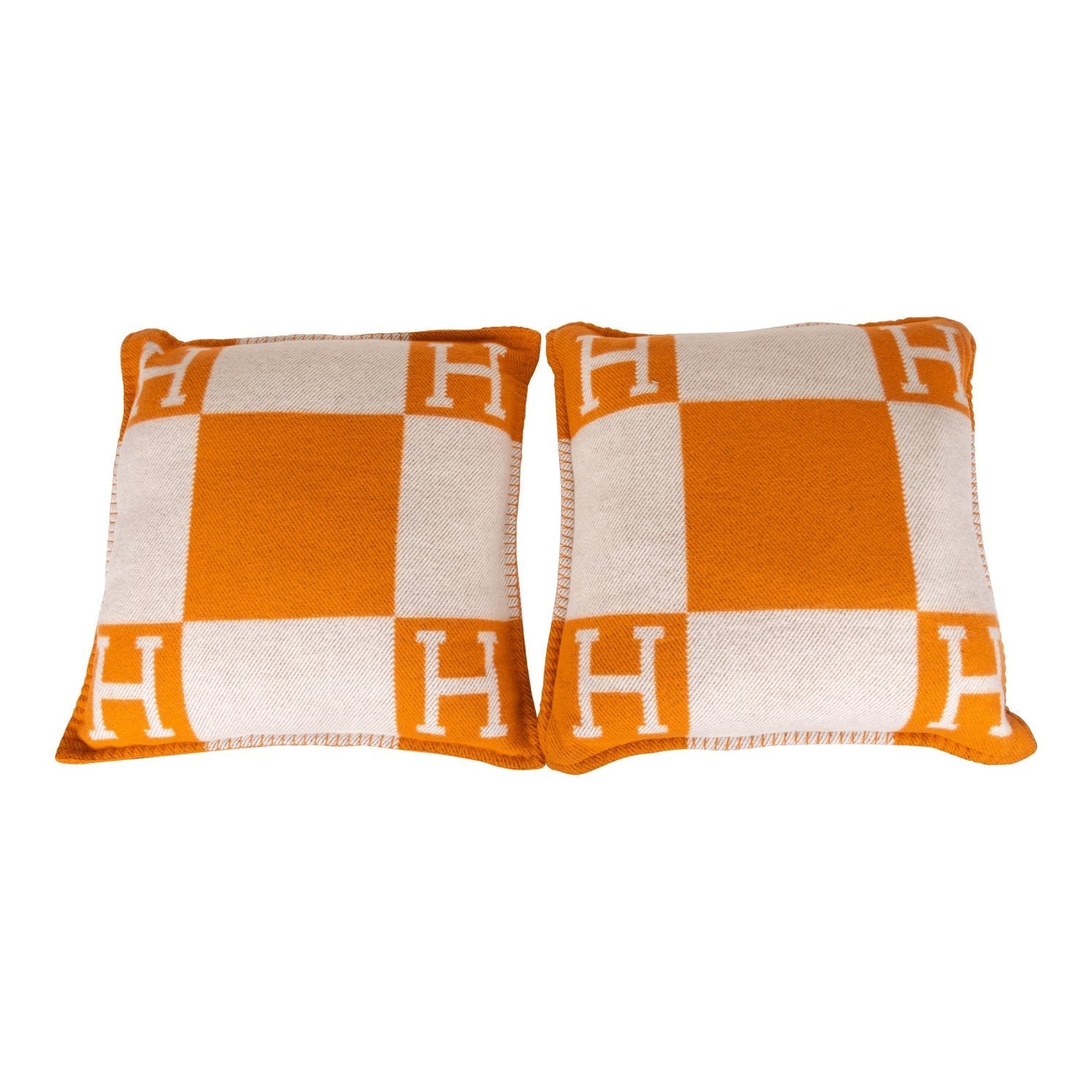 Hermes "Avalon" Ecru and Potiron Signature H Cushion PM Set of Two