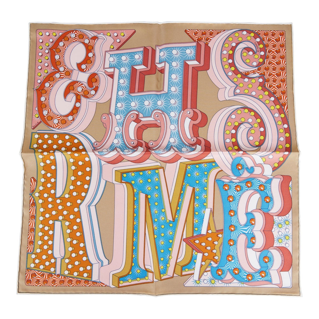 Hermes "Gavroche Electrique" Beige Silk Pocket Square Scarf 45cm Pair