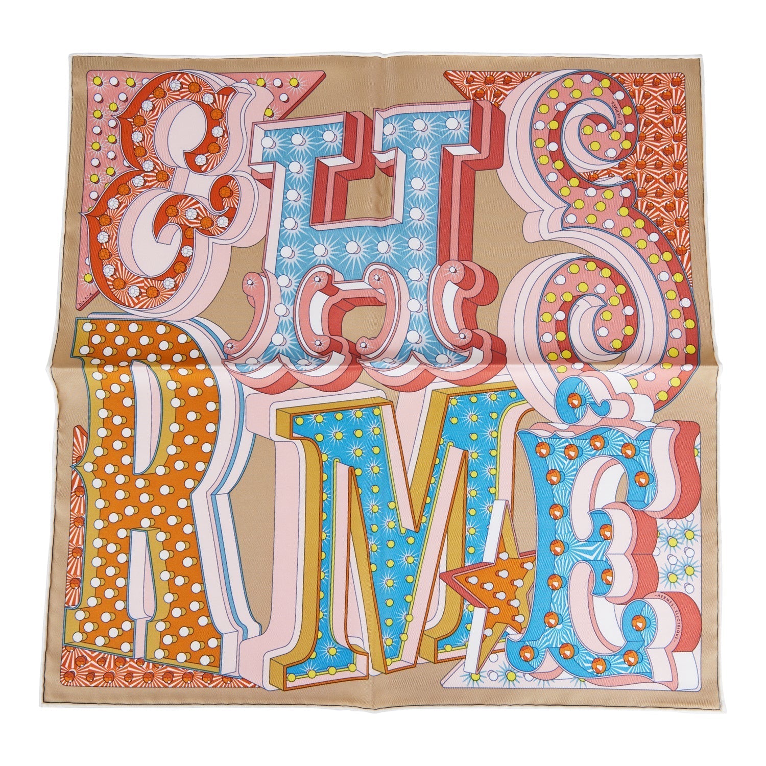 Hermes "Gavroche Electrique" Beige Silk Pocket Square Scarf 45cm Pair