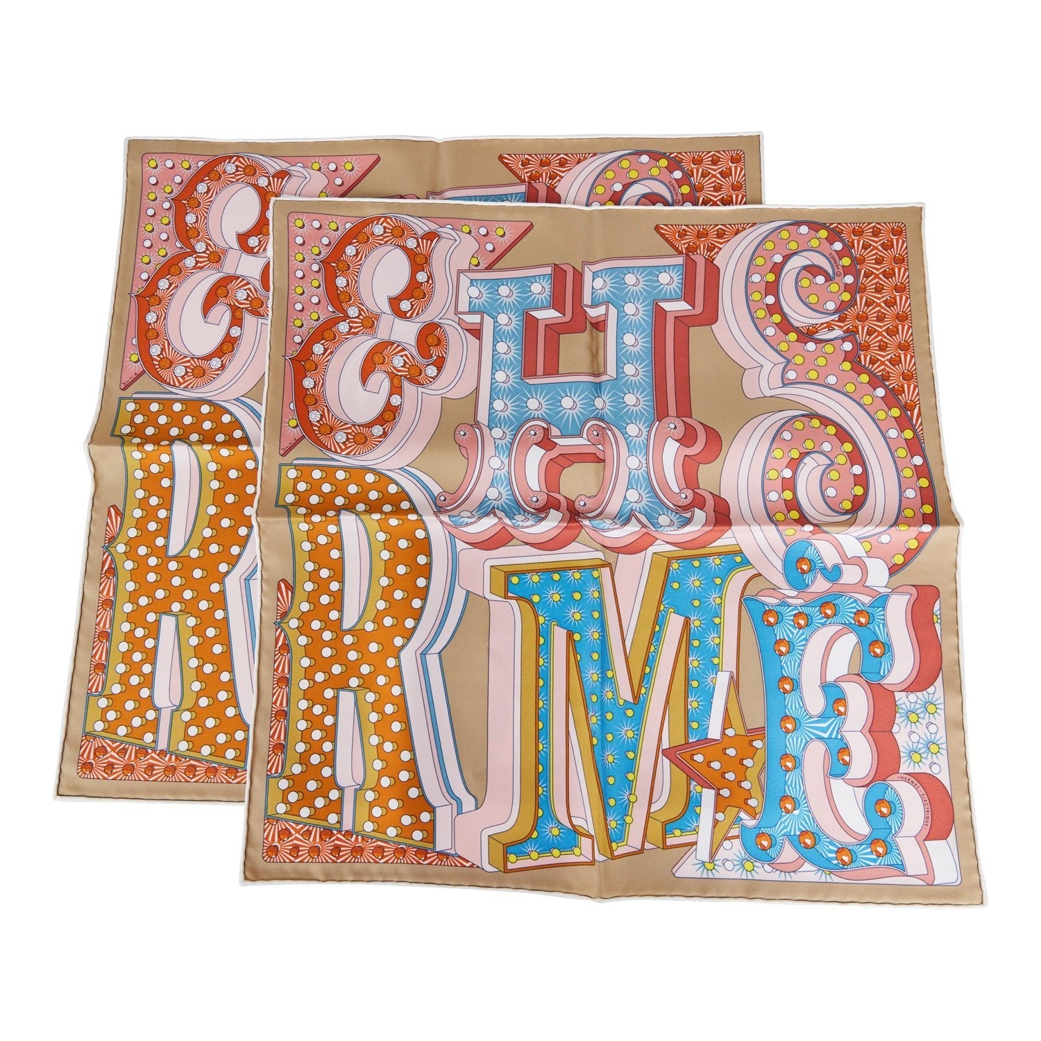 Hermes "Gavroche Electrique" Beige Silk Pocket Square Scarf 45cm Pair