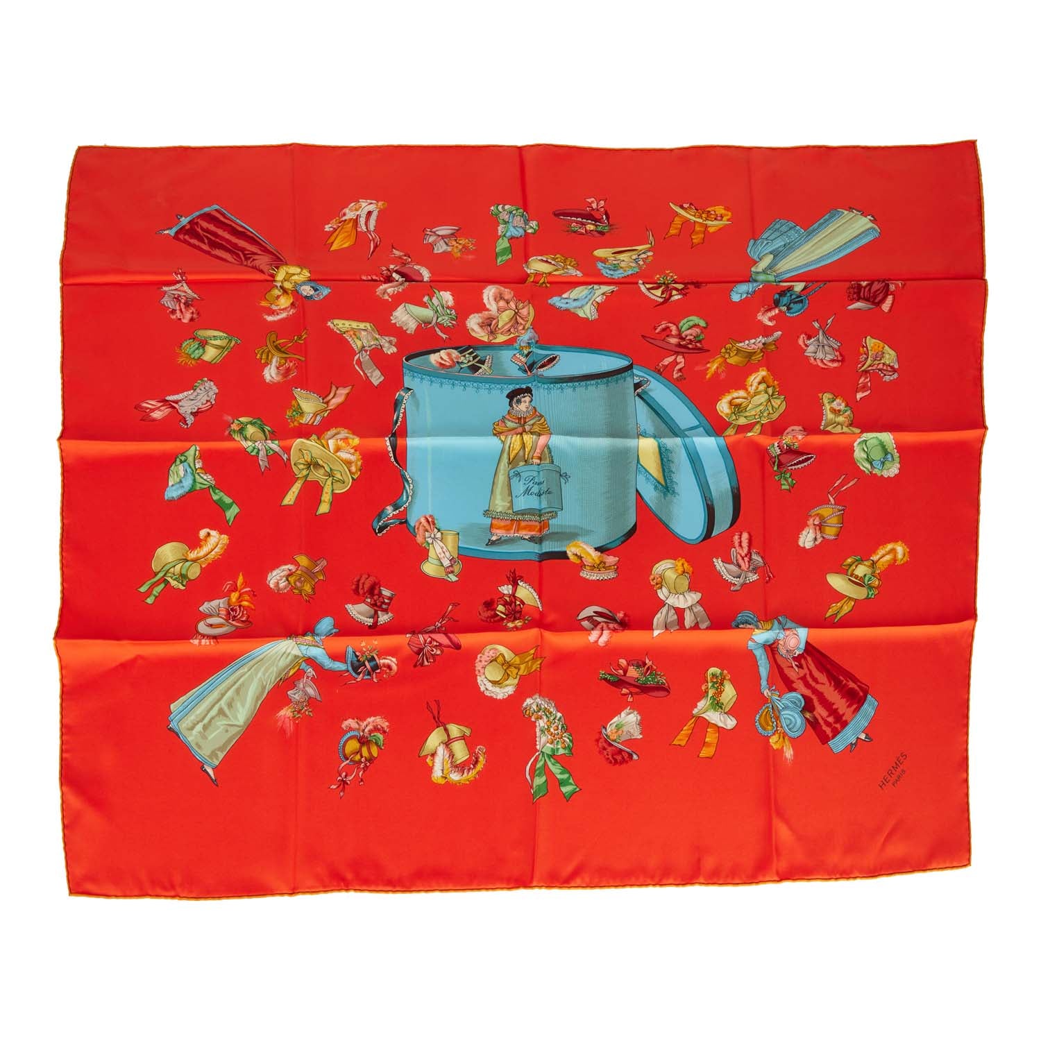 Pre-owned Hermes Vintage "Paris Modiste" Orange Silk Scarf 90cm