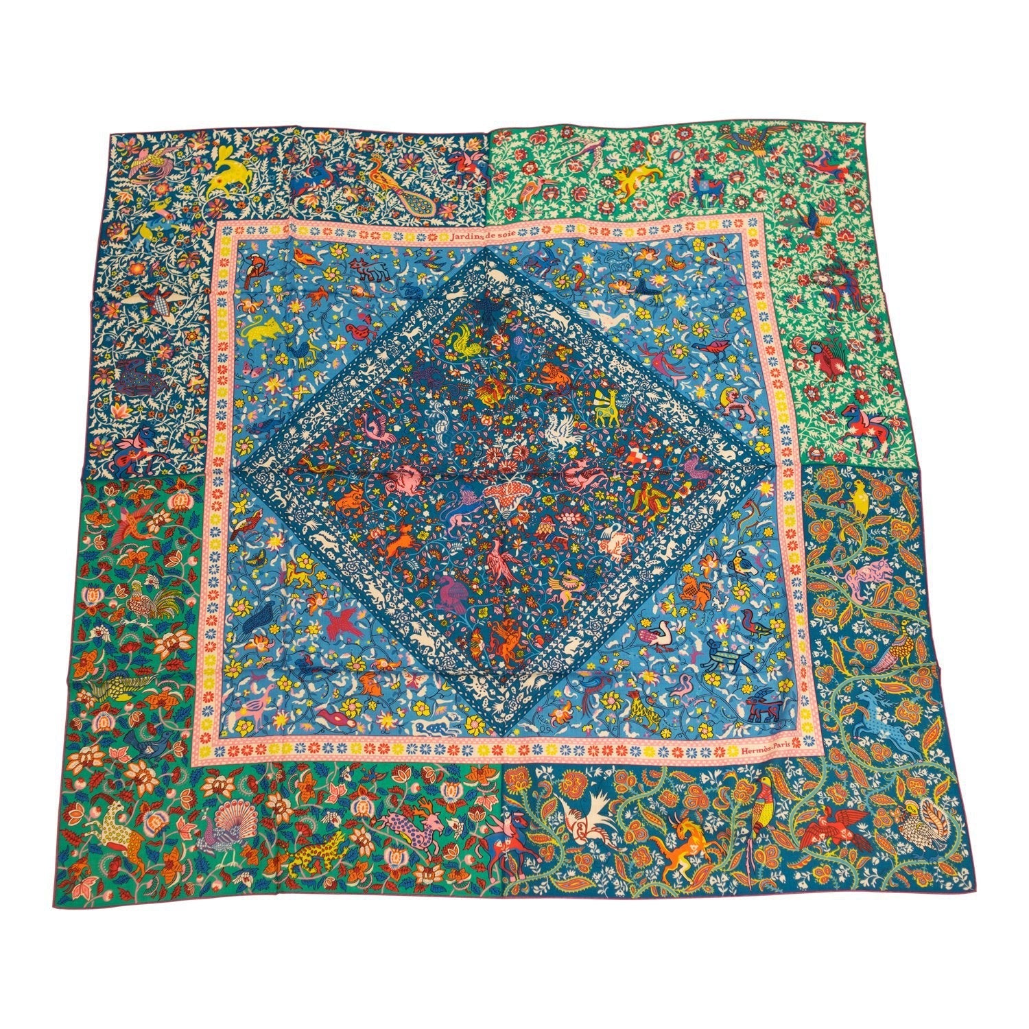 Hermes "Jardins de Soie" Blue Cashmere and Silk Shawl Scarf 140cm