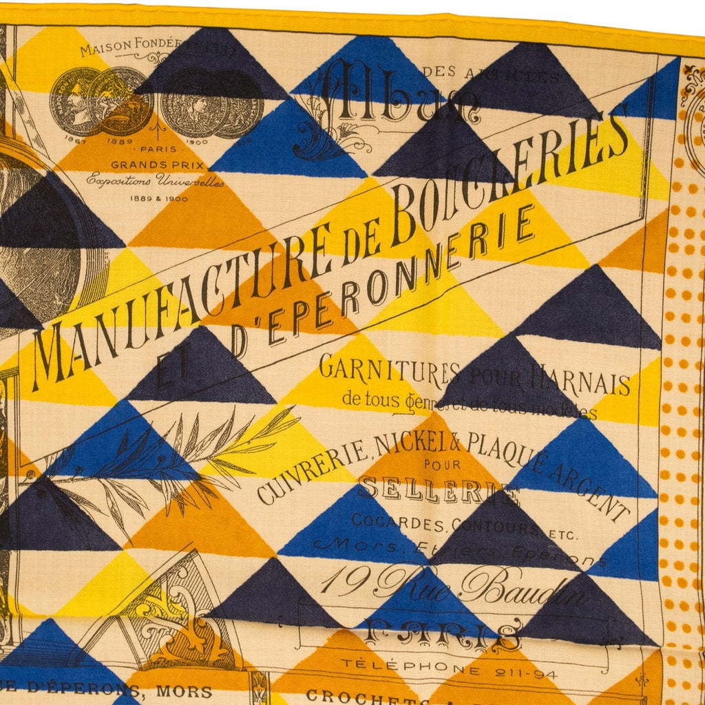Hermes "Manufacture de Boucleries" Yellow Cashmere and Silk Shawl Scarf 140cm