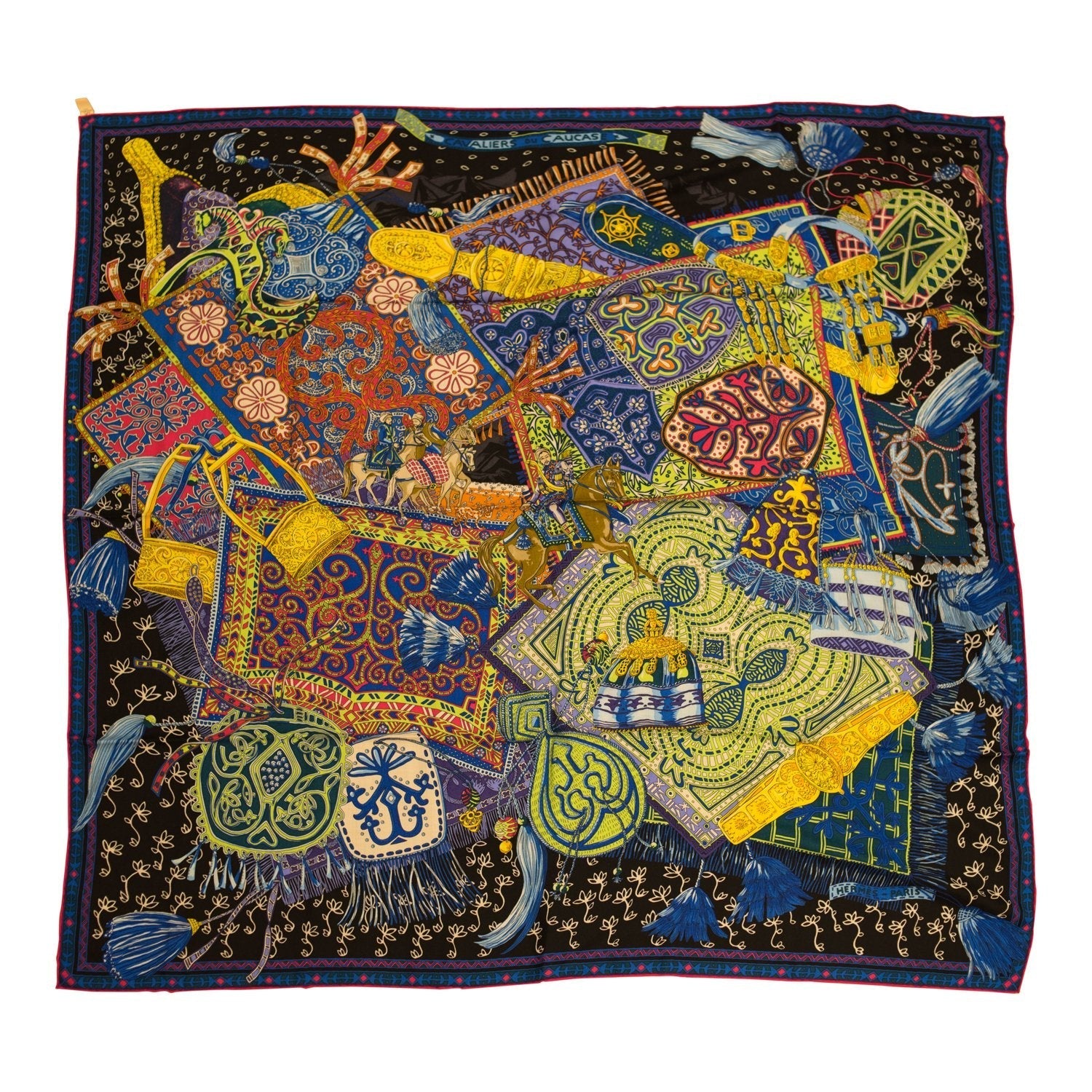 Hermes "Cavaliers du Caucase" Black Cashmere and Silk Shawl 140cm