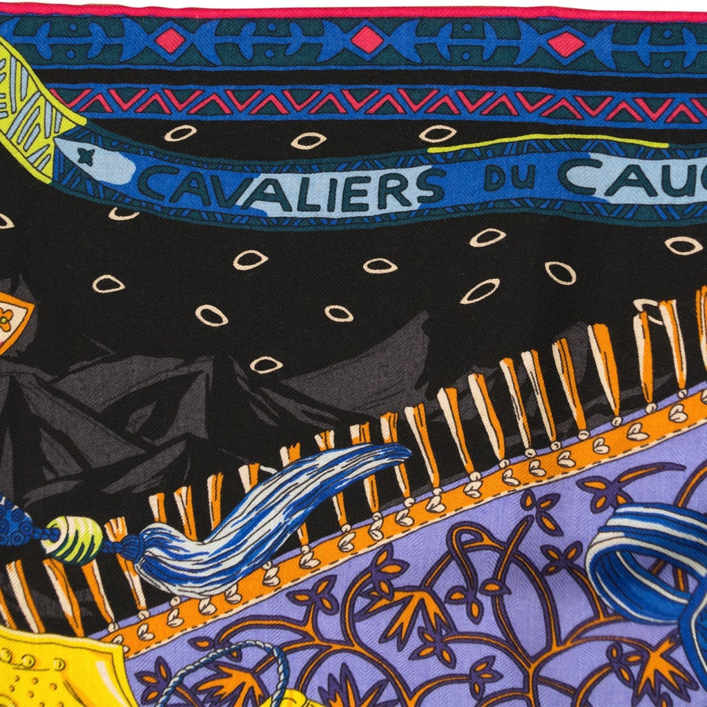 Hermes "Cavaliers du Caucase" Black Cashmere and Silk Shawl 140cm
