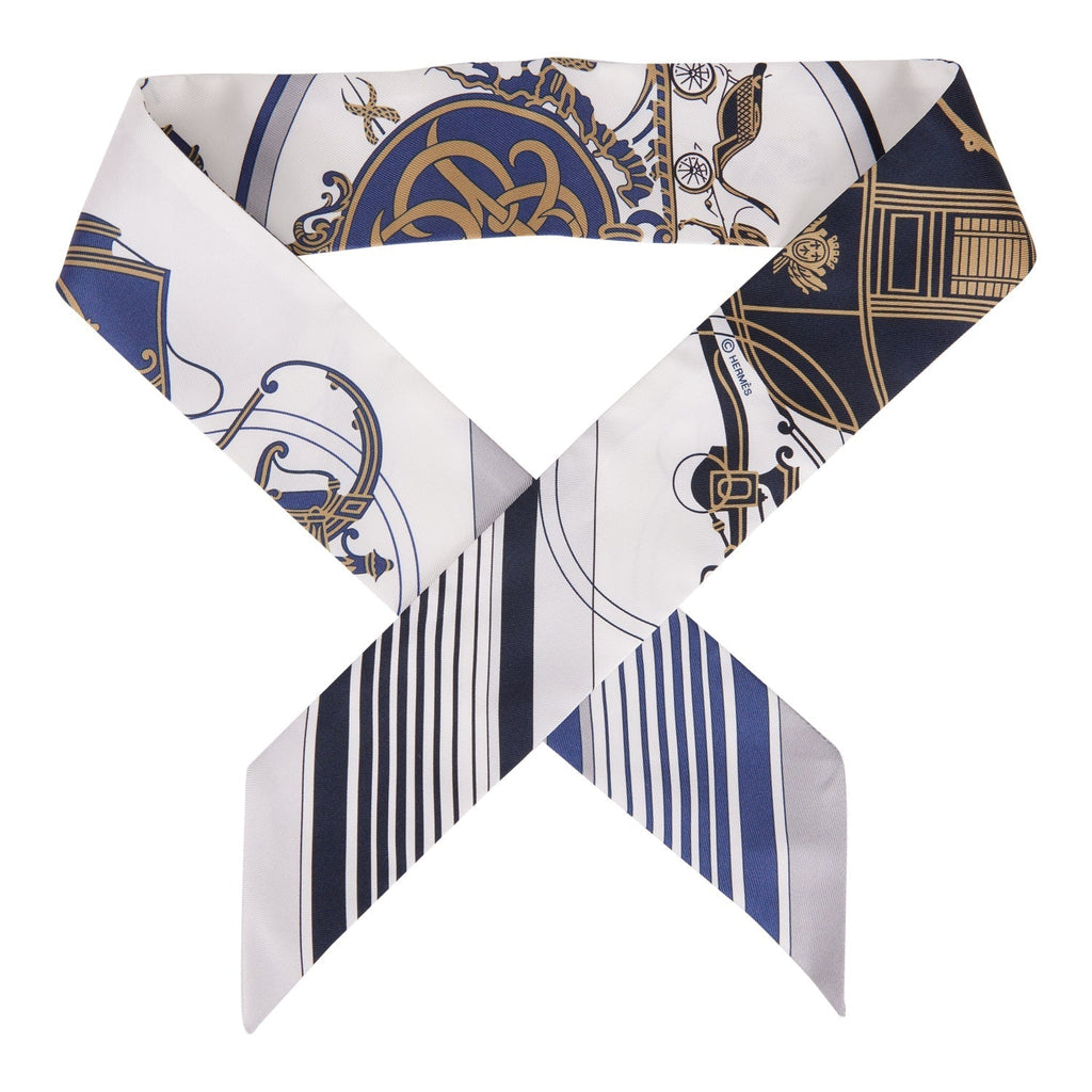 Hermes "Ex-Libris Les Parisiennes" White Silk Twilly Pair