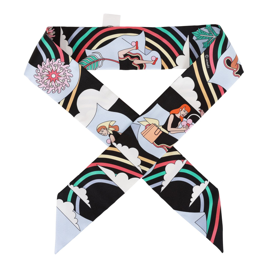Hermes "Carres Volants" Black Silk Twilly