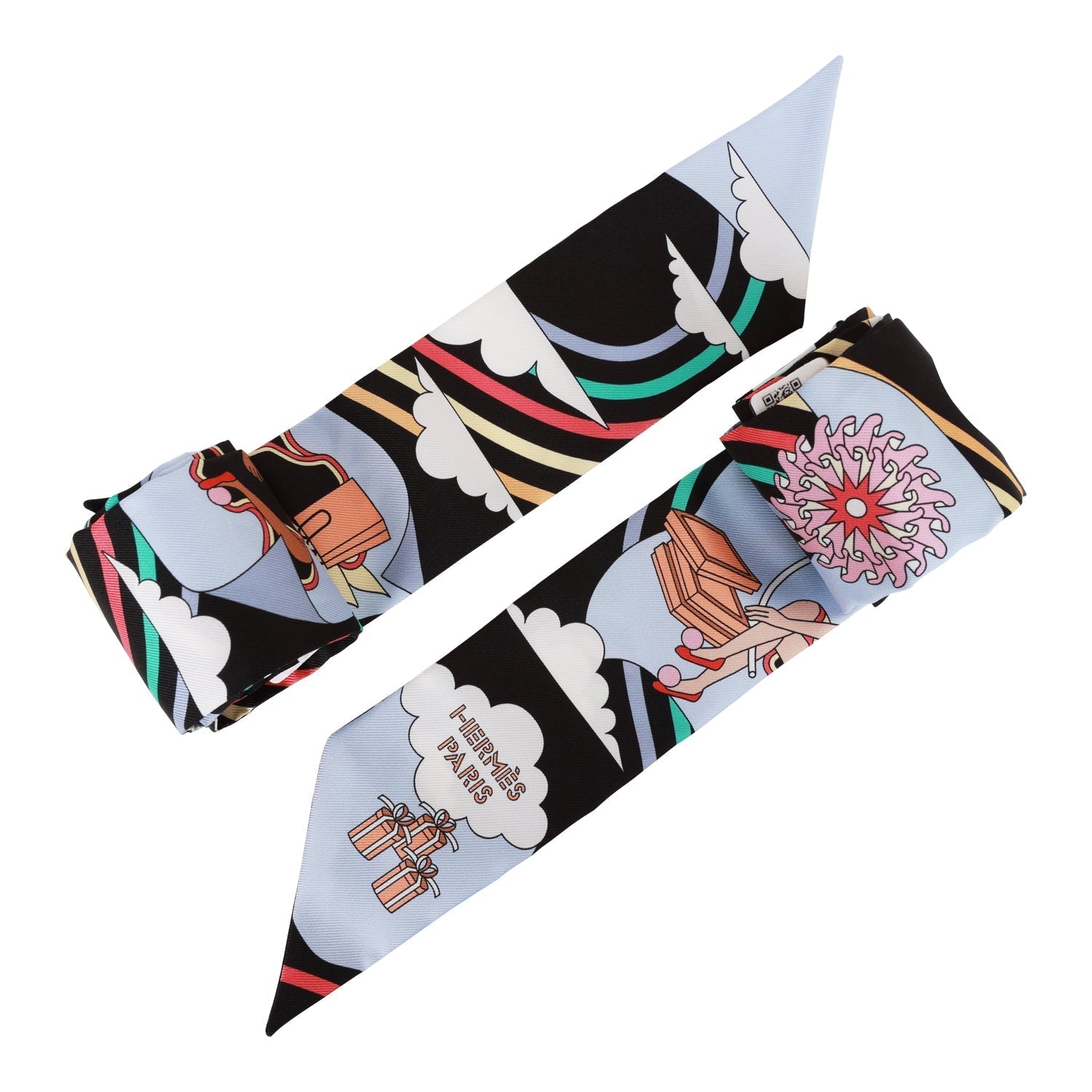 Hermes "Carres Volants" Black Silk Twilly