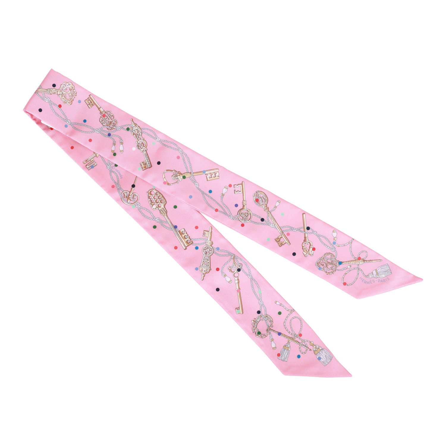Hermes "Les Cles A Pois" Pink Silk Twilly Pair
