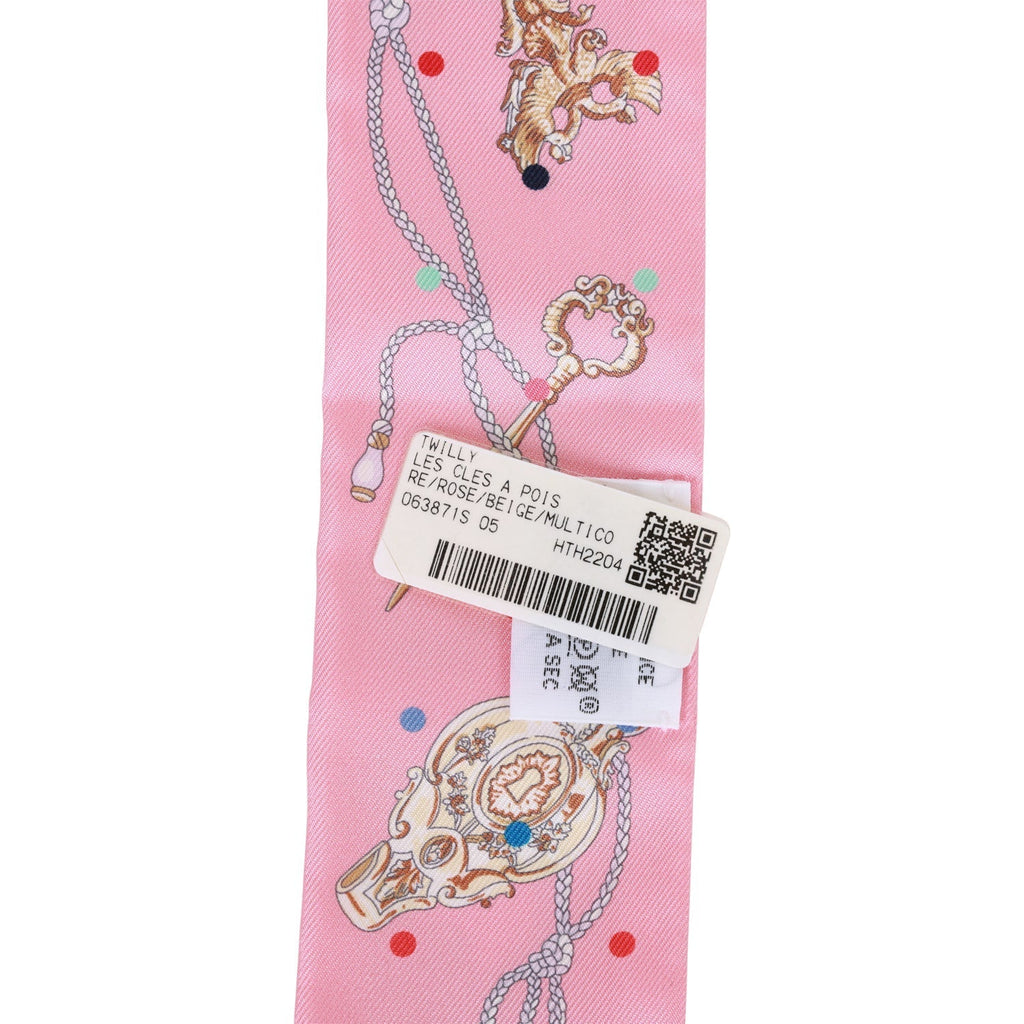 Hermes "Les Cles A Pois" Pink Silk Twilly Pair
