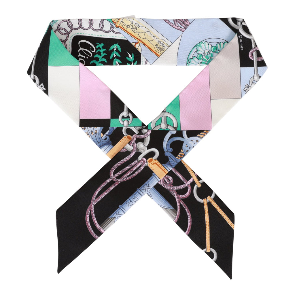 Hermes "Cliquetis" Black Silk Twilly Pair