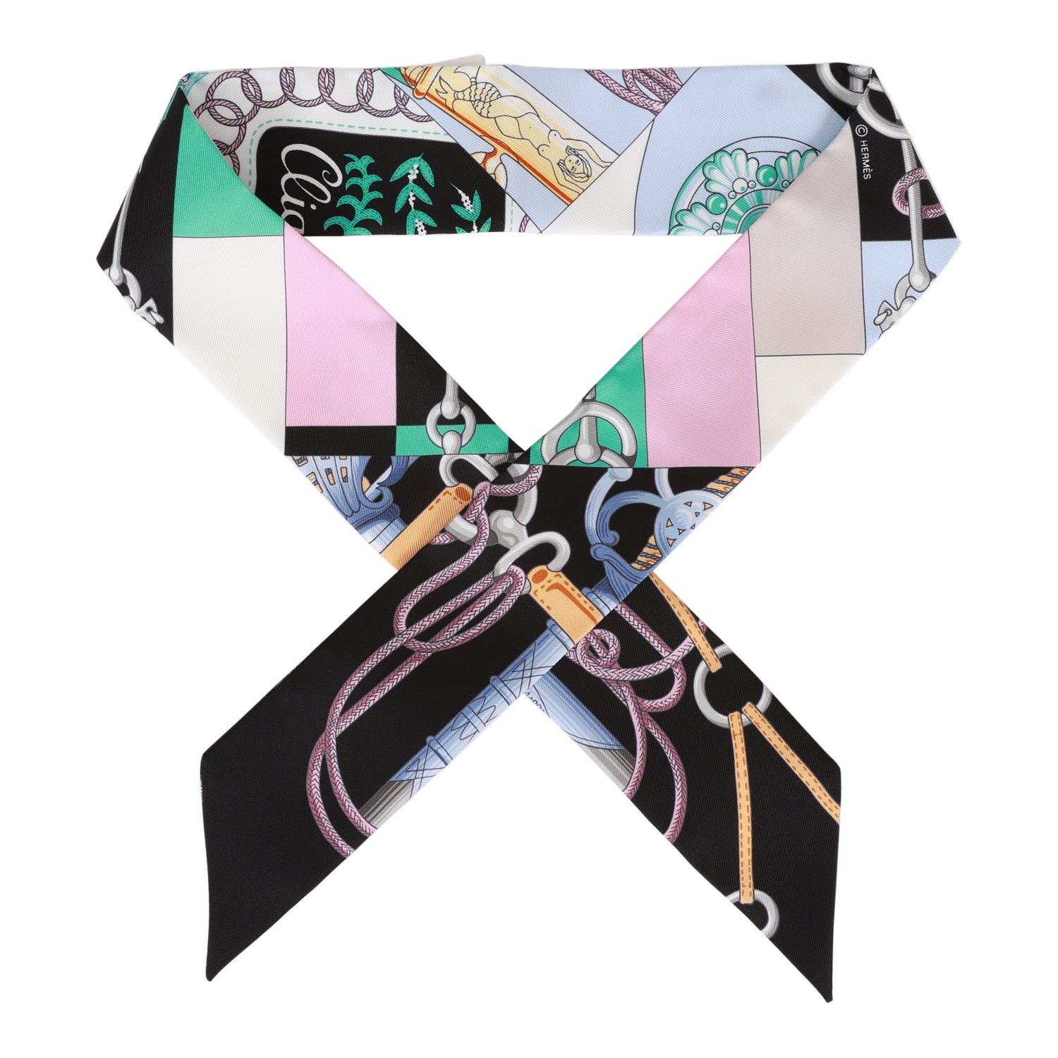 Hermes "Cliquetis" Black Silk Twilly Pair