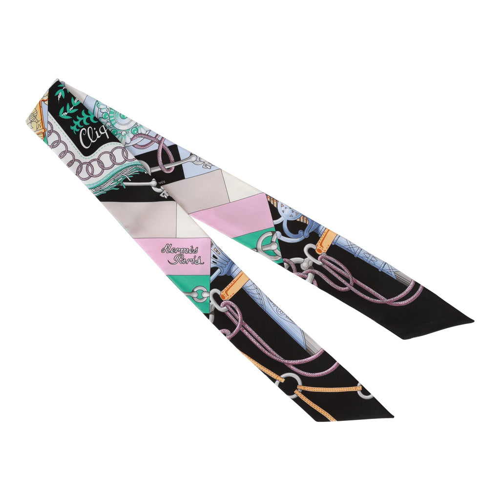 Hermes "Cliquetis" Black Silk Twilly Pair