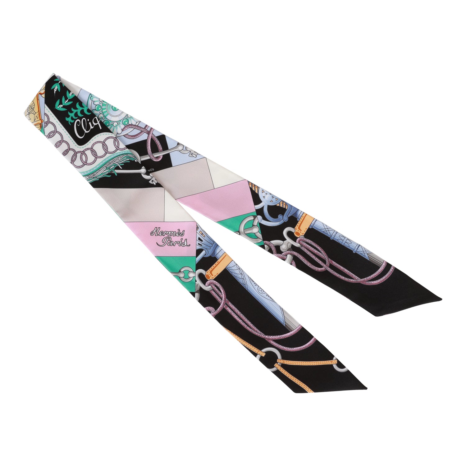 Hermes "Cliquetis" Black Silk Twilly Pair