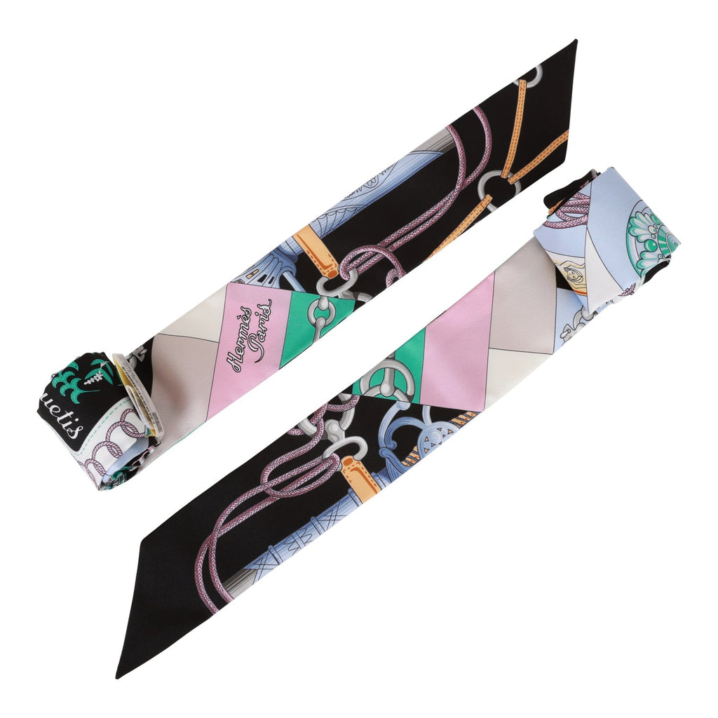 Hermes "Cliquetis" Black Silk Twilly Pair