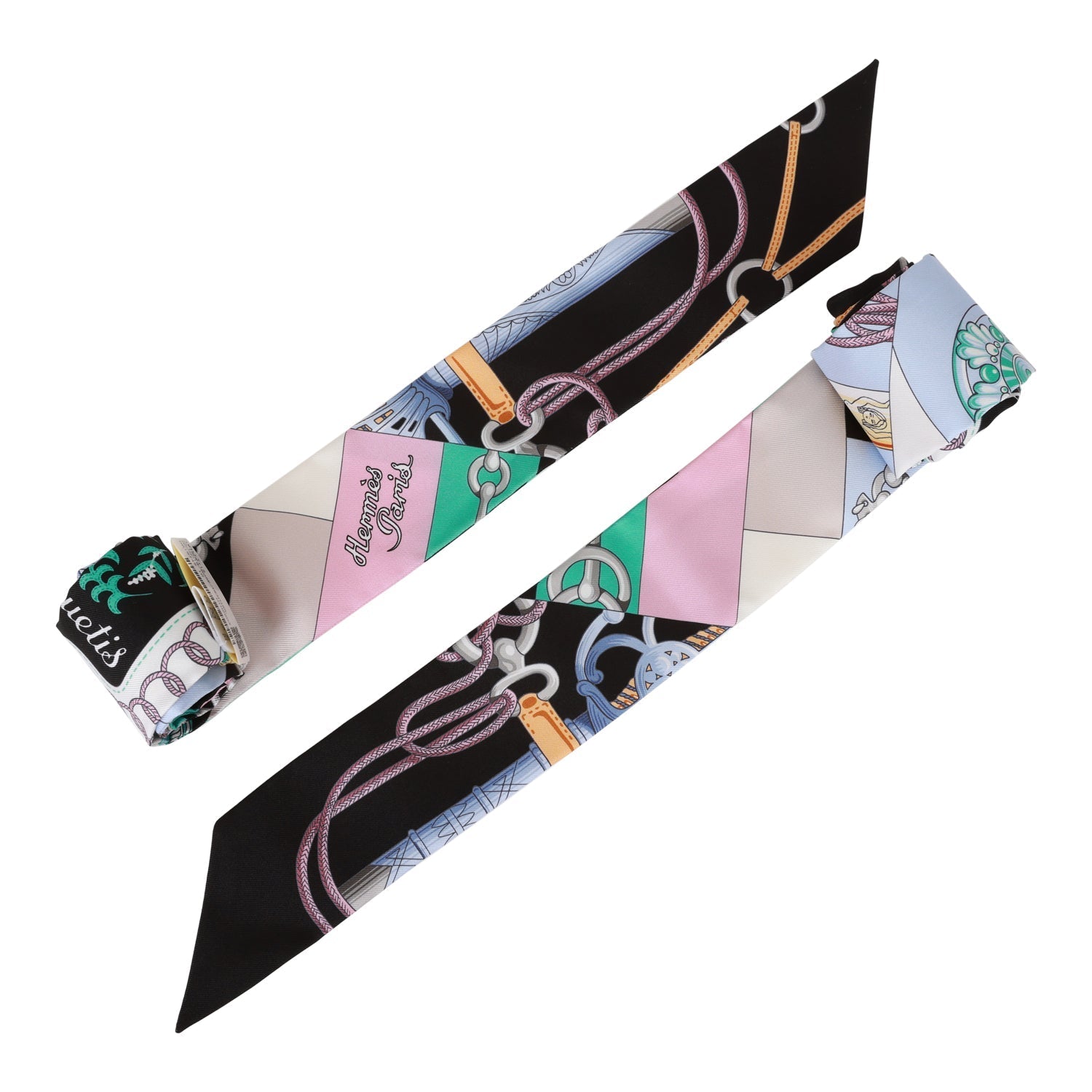Hermes "Cliquetis" Black Silk Twilly Pair