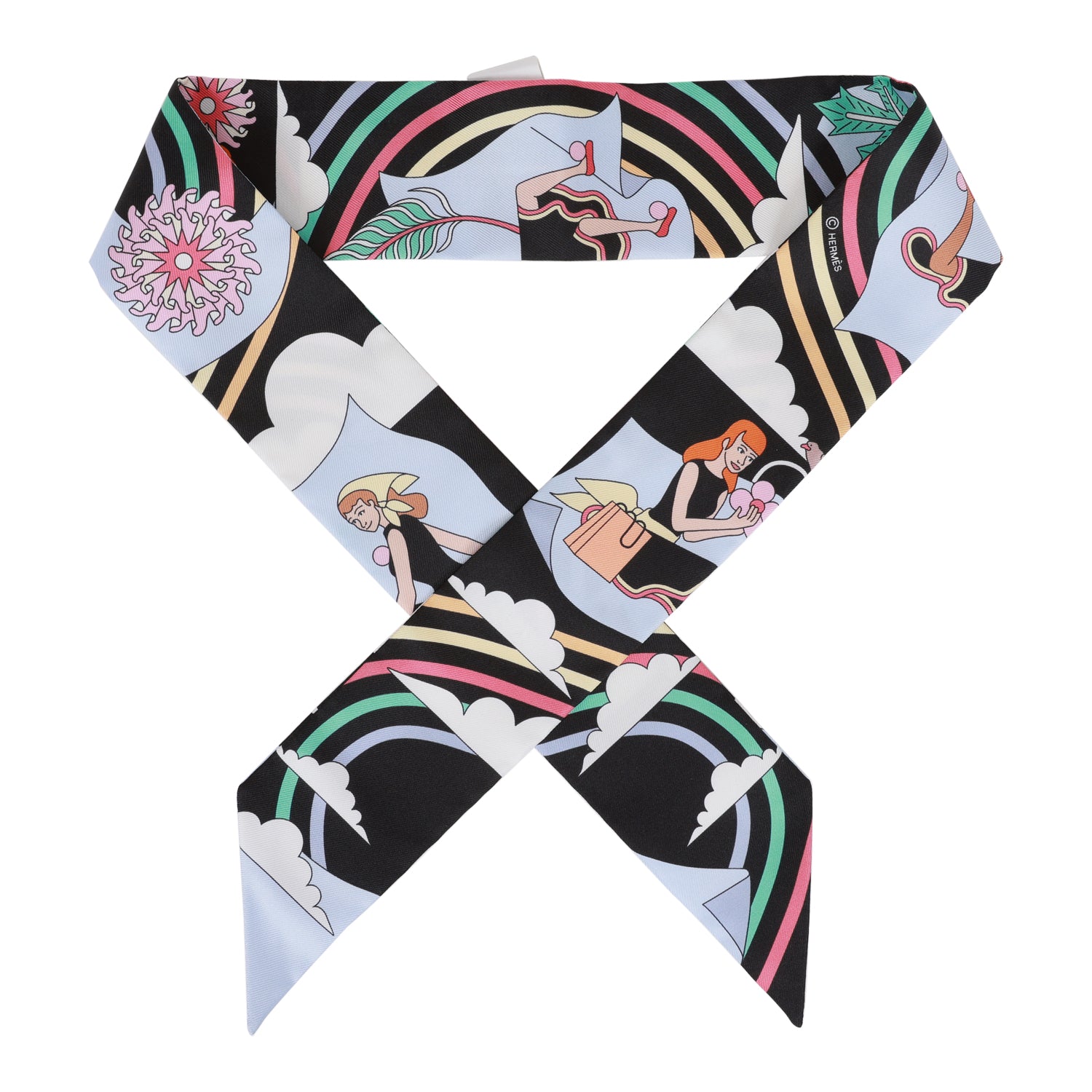 Hermes "Carres Volants" Black Silk Twilly Pair