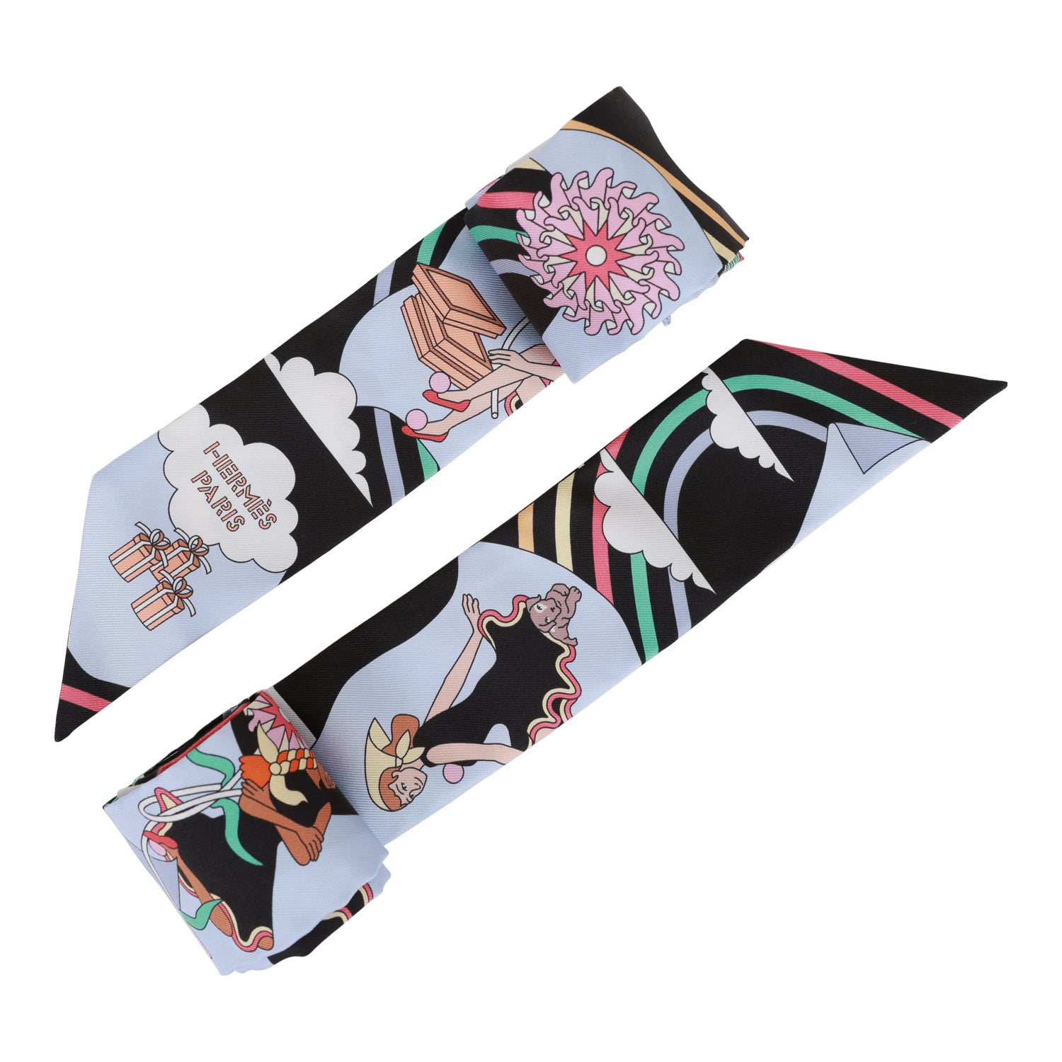 Hermes "Carres Volants" Black Silk Twilly Pair