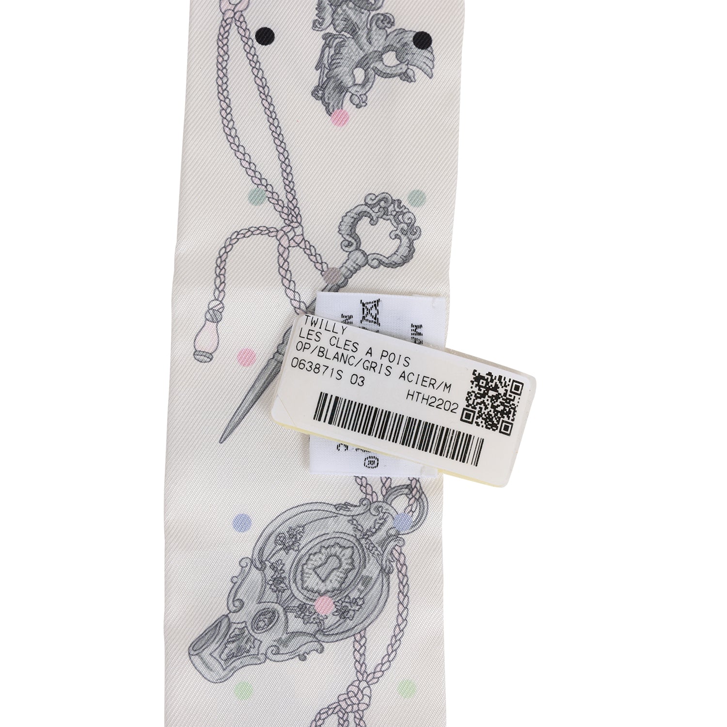 Hermes "Les Cles A Pois" White Silk Twilly Pair