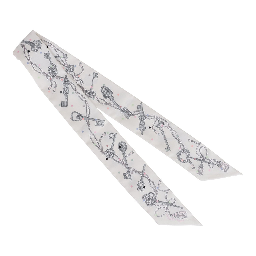 Hermes "Les Cles A Pois" White Silk Twilly