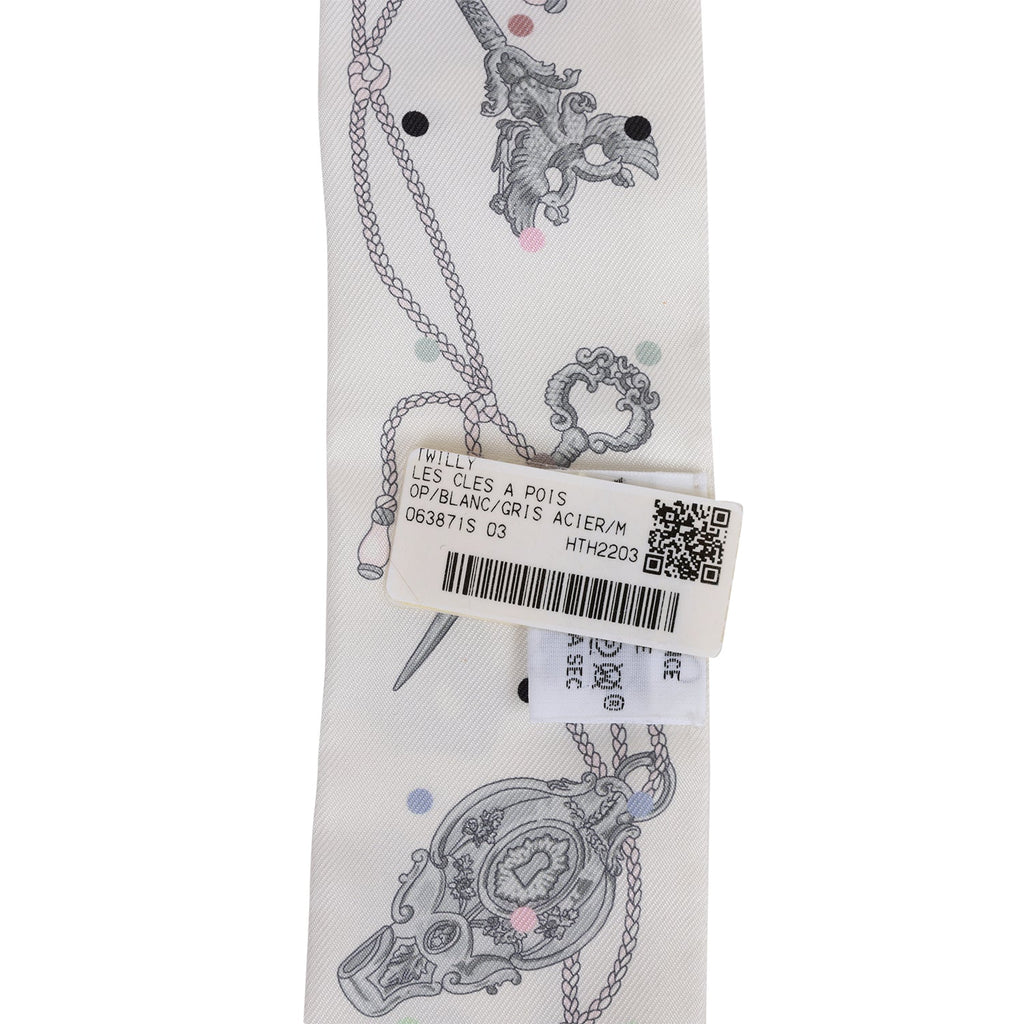 Hermes "Les Cles A Pois" White Silk Twilly