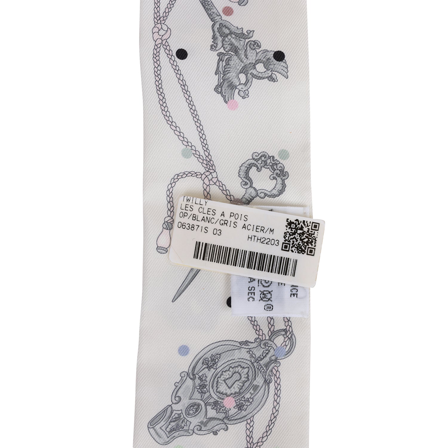 Hermes "Les Cles A Pois" White Silk Twilly