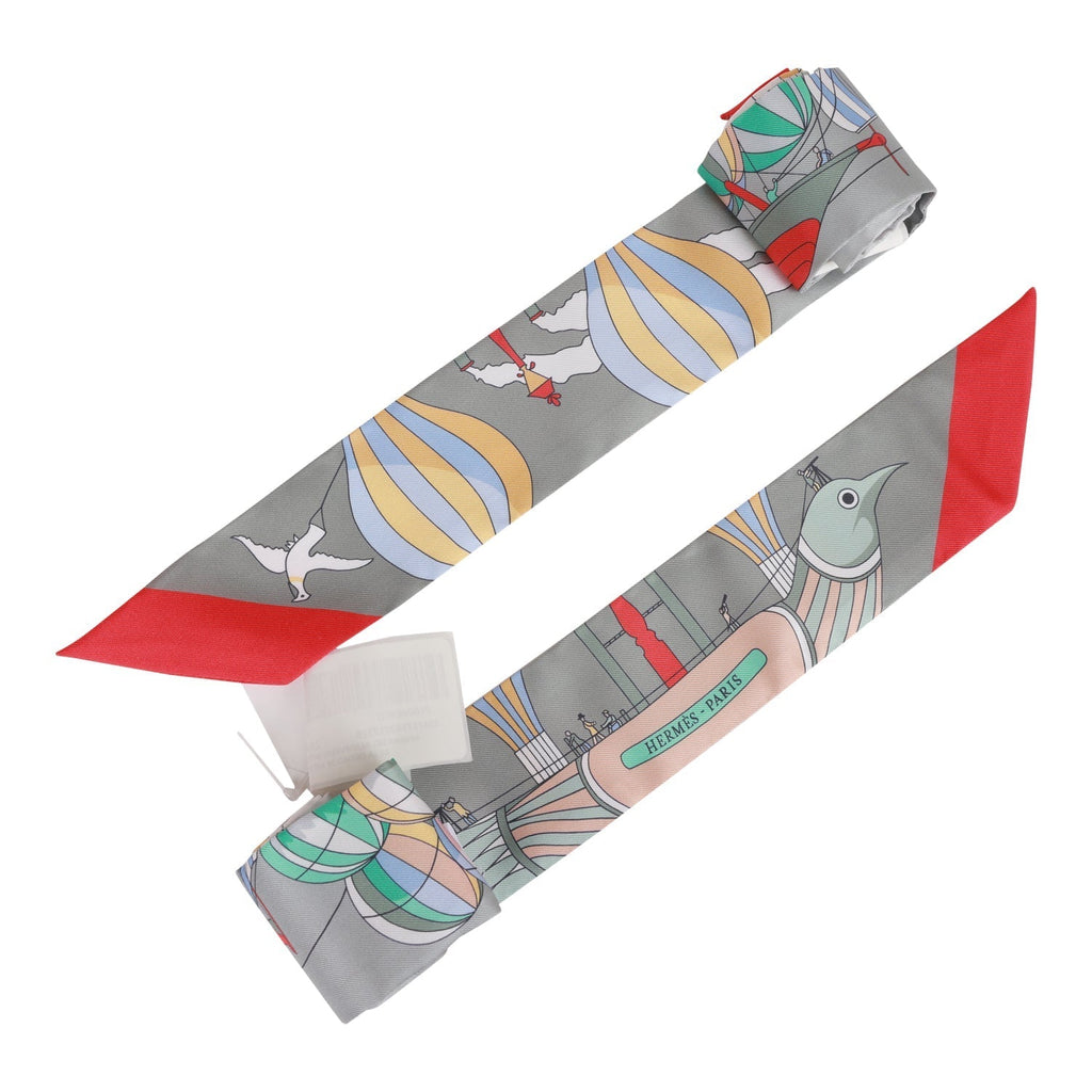 Hermes "Les Folies du Ciel" Gris Perle Silk Twilly Pair