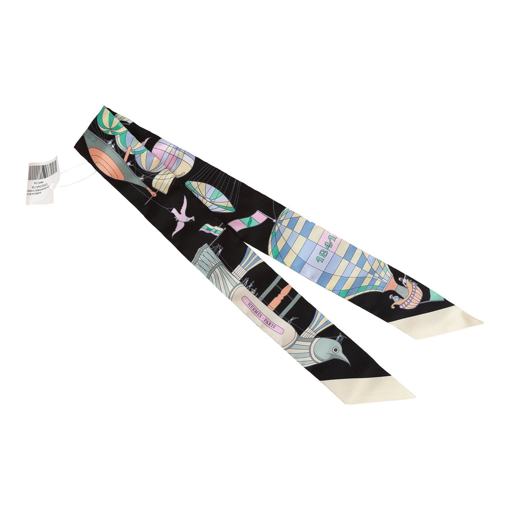 Hermes "Les Folies du Ciel" Black Silk Twilly Pair