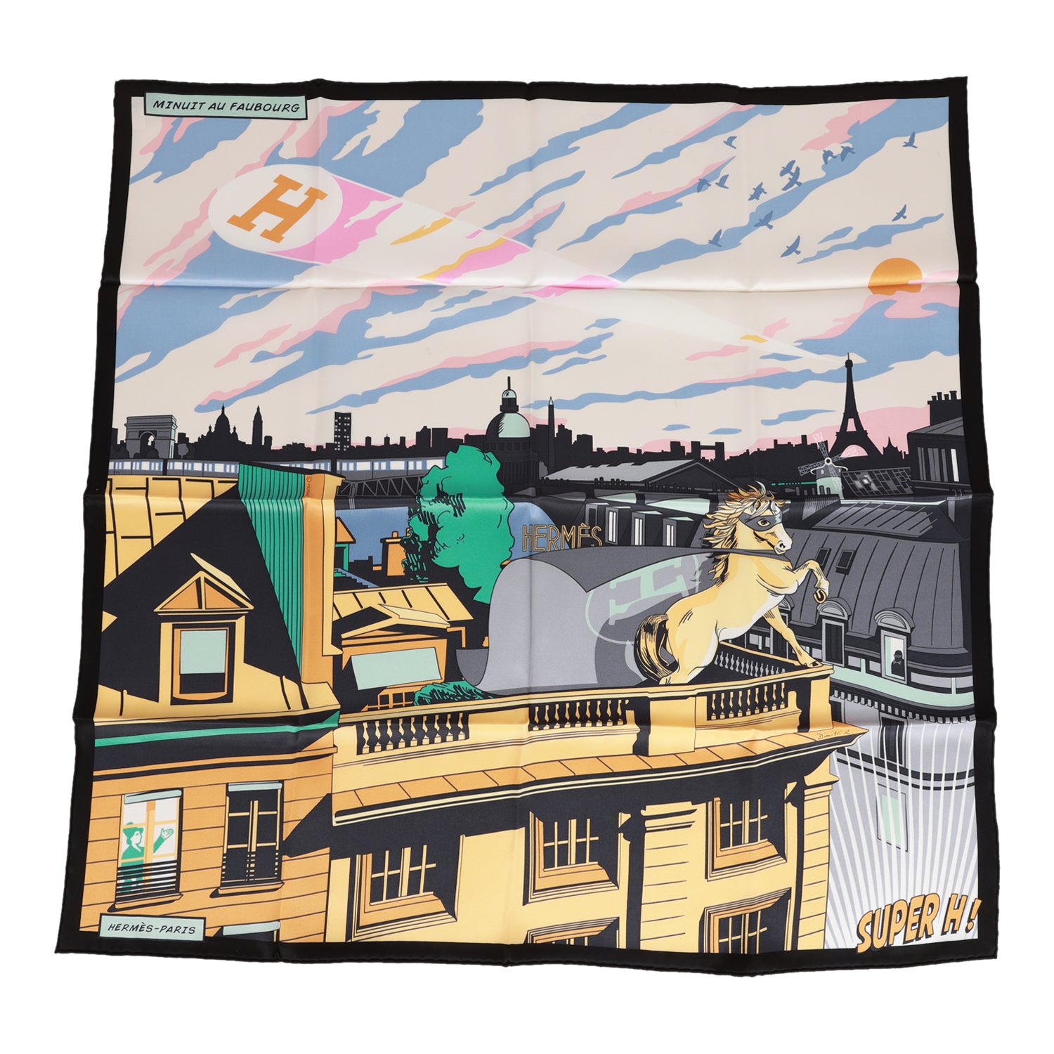 Hermes "Minuit au Faubourg" Black Silk Twill Scarf 70cm
