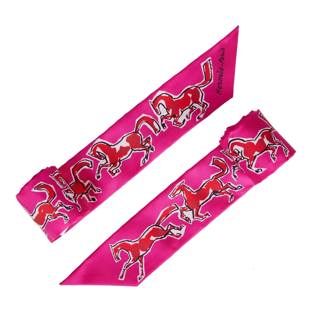 Hermes "Chevaux en Liberté" Rose Indien Silk Twilly Pair