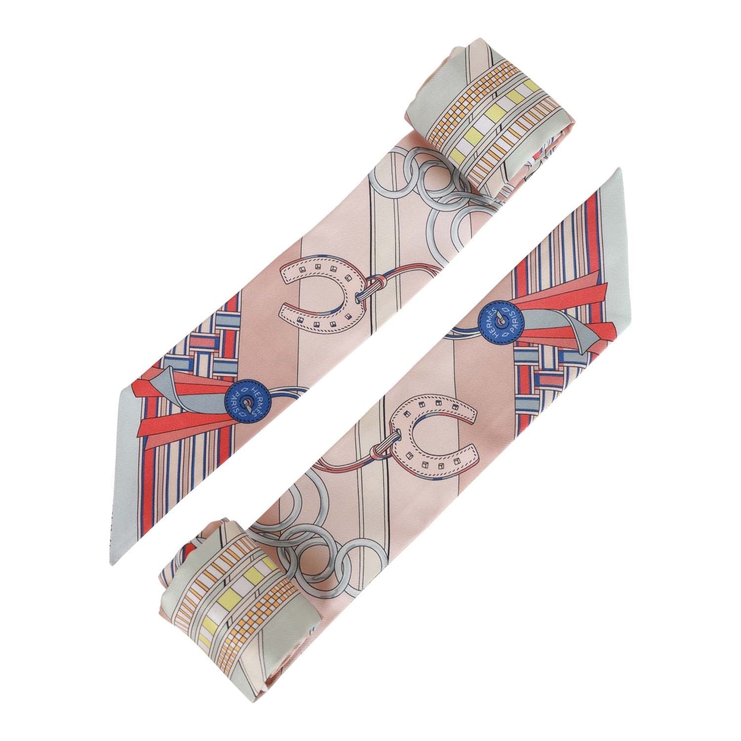 Hermes "Brides Et Gris" Pink Silk Twilly Pair