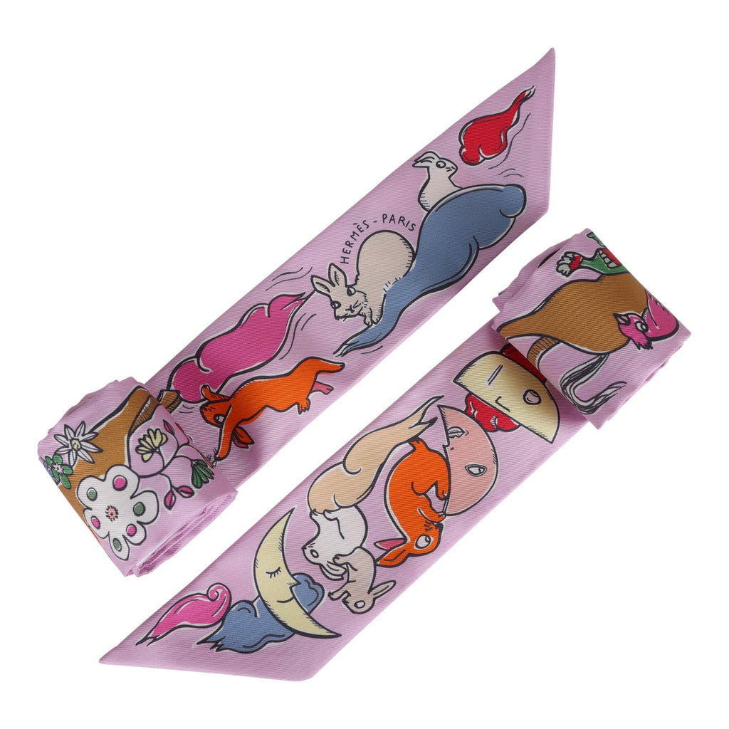 Hermes "Mille et Un Lapins" Parme Silk Twilly Pair