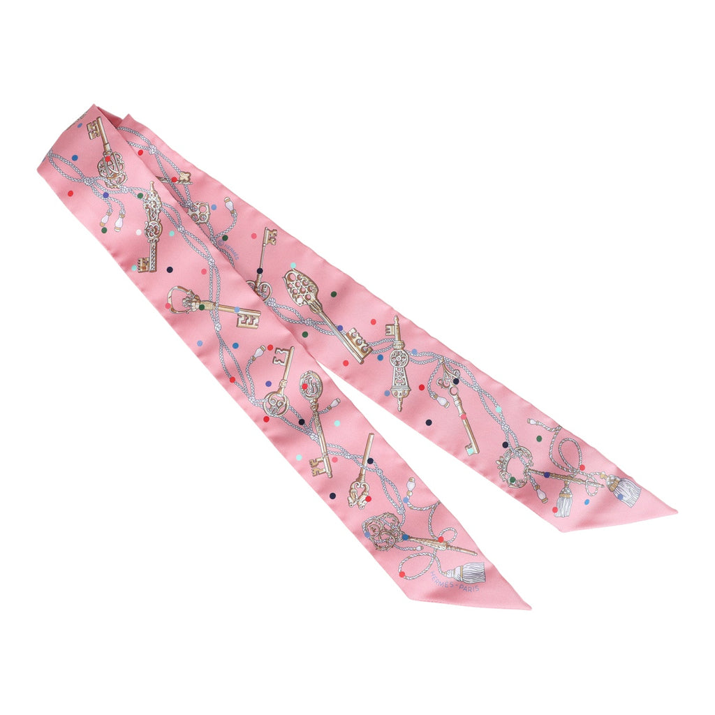 Hermes "Les Cles A Pois" Rose Silk Twilly Pair