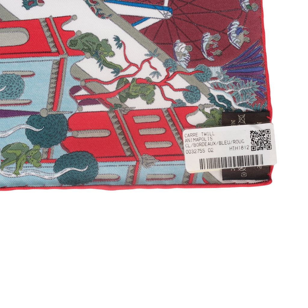 Hermes "Animapolis" Bordeaux Silk Twill Scarf 90cm