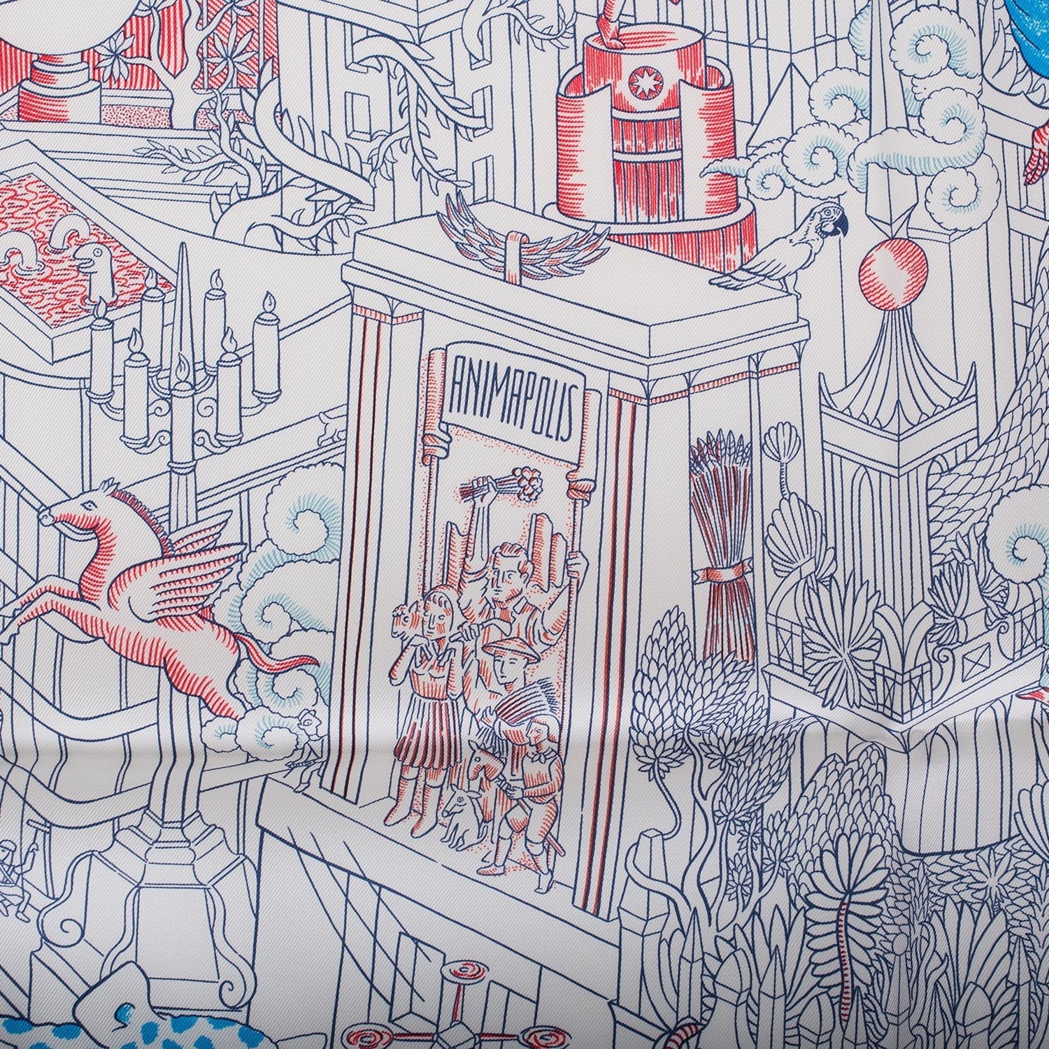 Hermes "Animapolis" White Silk Twill Scarf 90cm