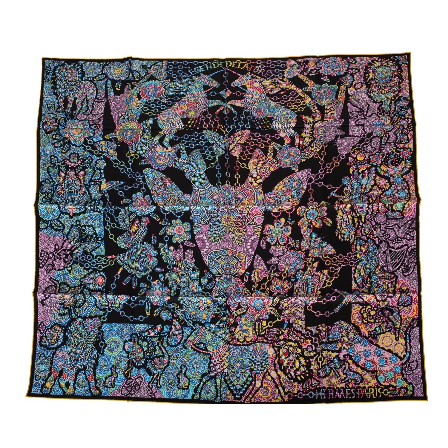 Hermes "La Legende de la Foret" Black Silk Twill Scarf 90cm