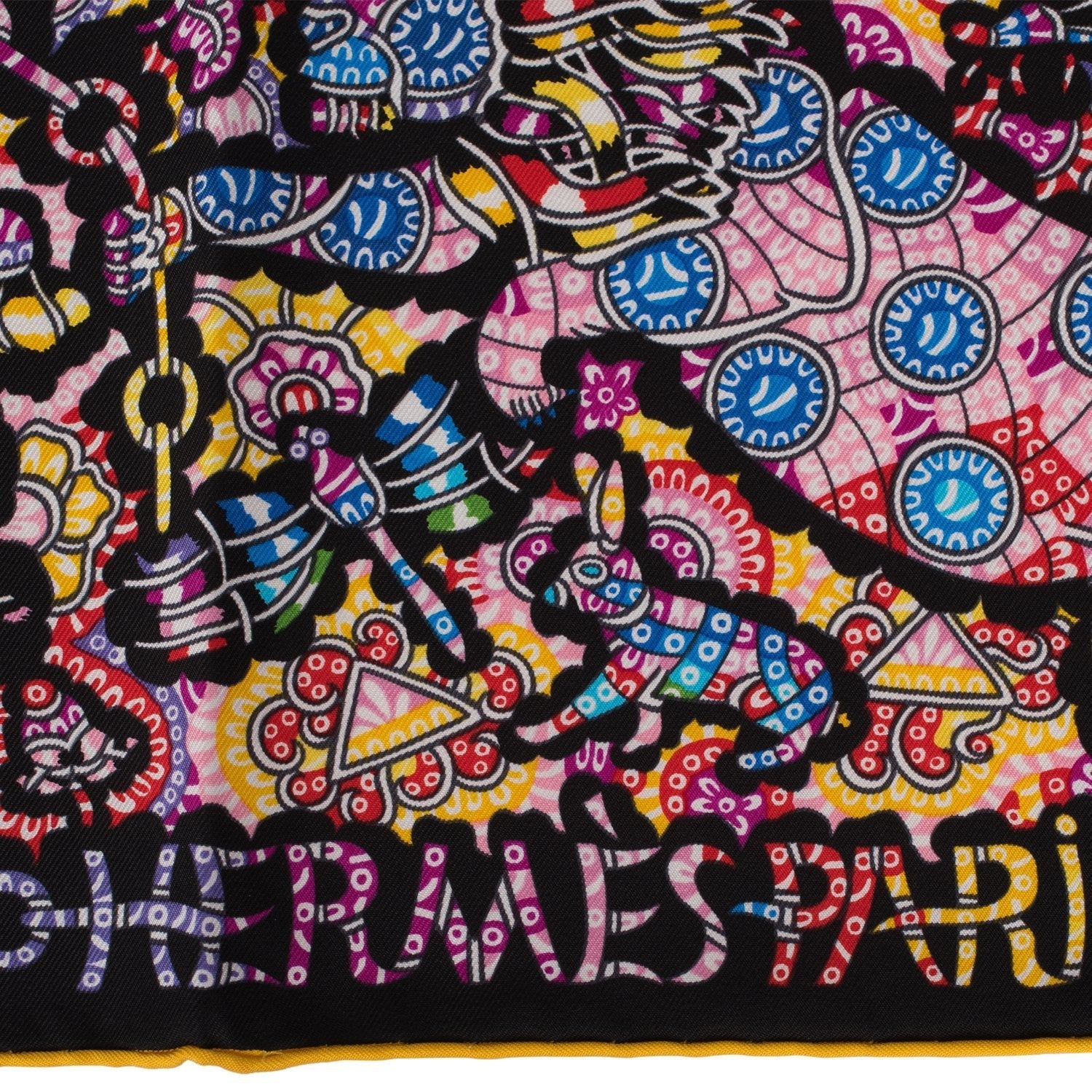 Hermes "La Legende de la Foret" Black Silk Twill Scarf 90cm