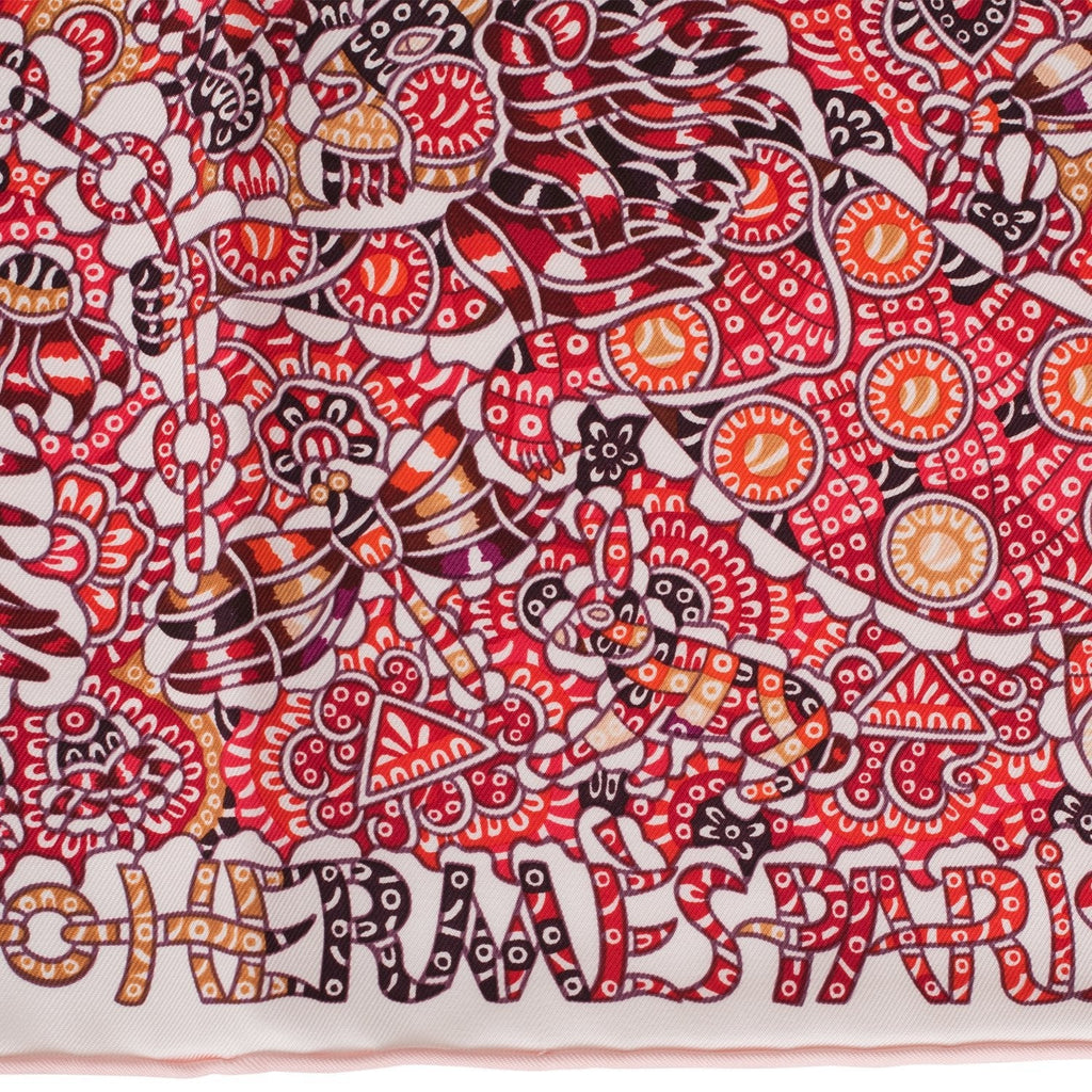 Hermes "La Legende de la Foret" Red Silk Twill Scarf 90cm