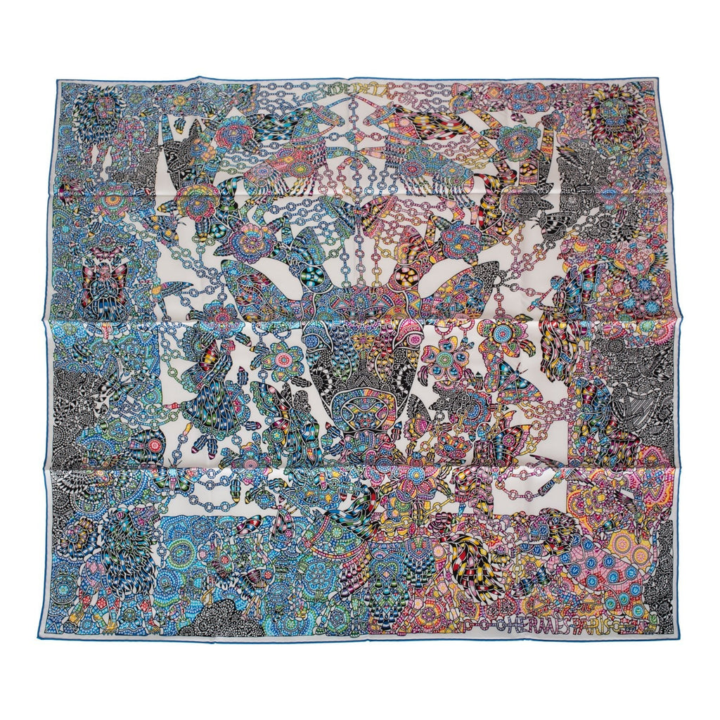 Hermes "La Legende de la Foret" White Silk Twill Scarf 90cm