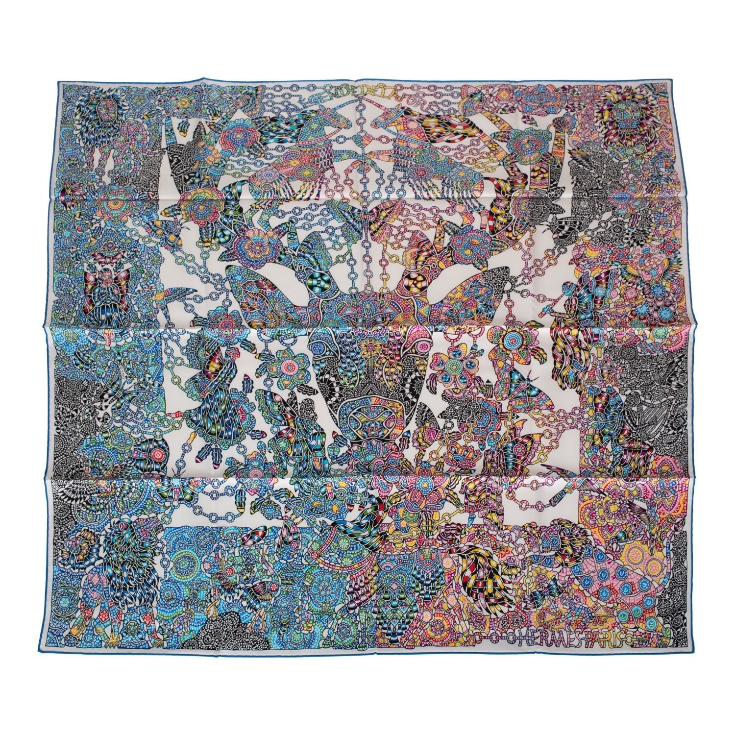 Hermes "La Legende de la Foret" White Silk Twill Scarf 90cm