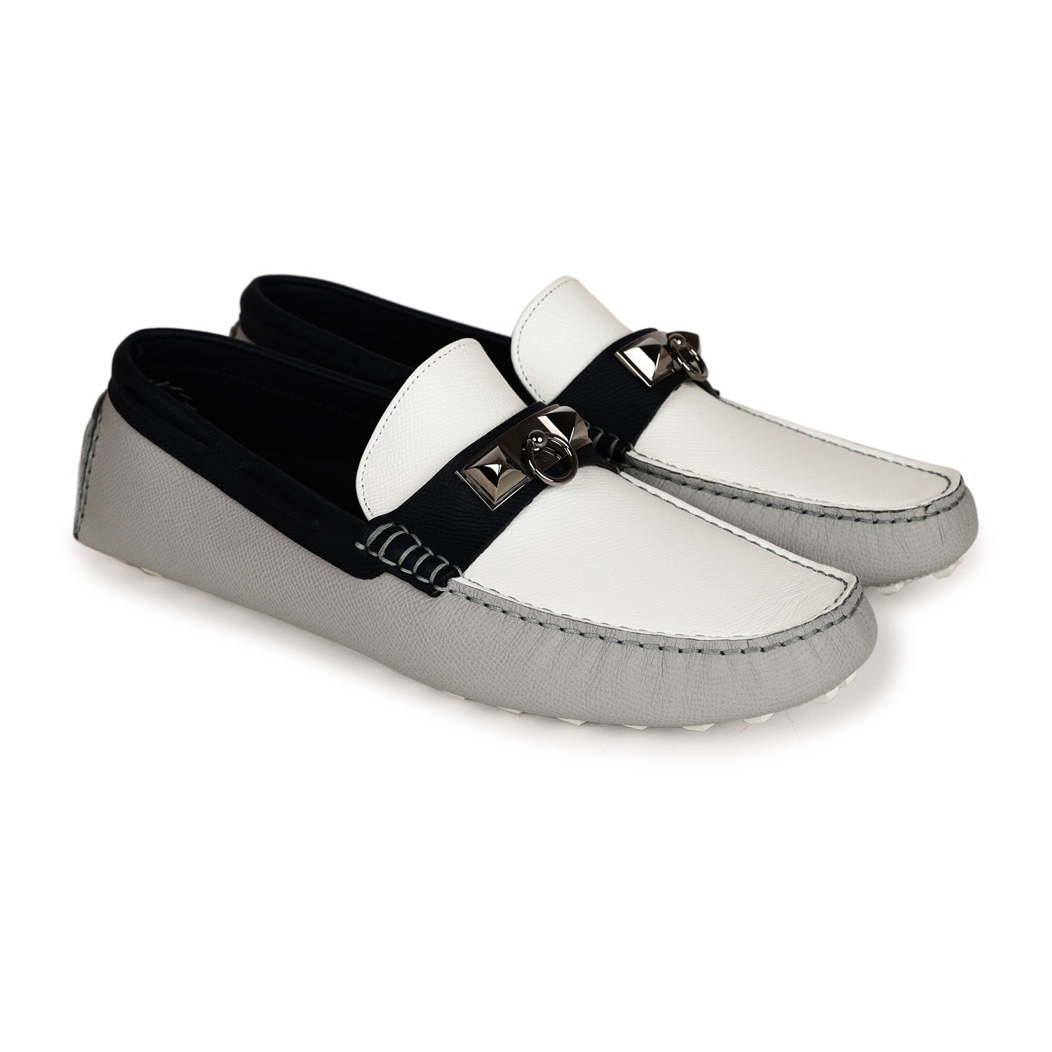 Hermes Irving Loafer White, Bleu Glacier, Bleu Nuit Epsom Palladium Hardware 42 EU