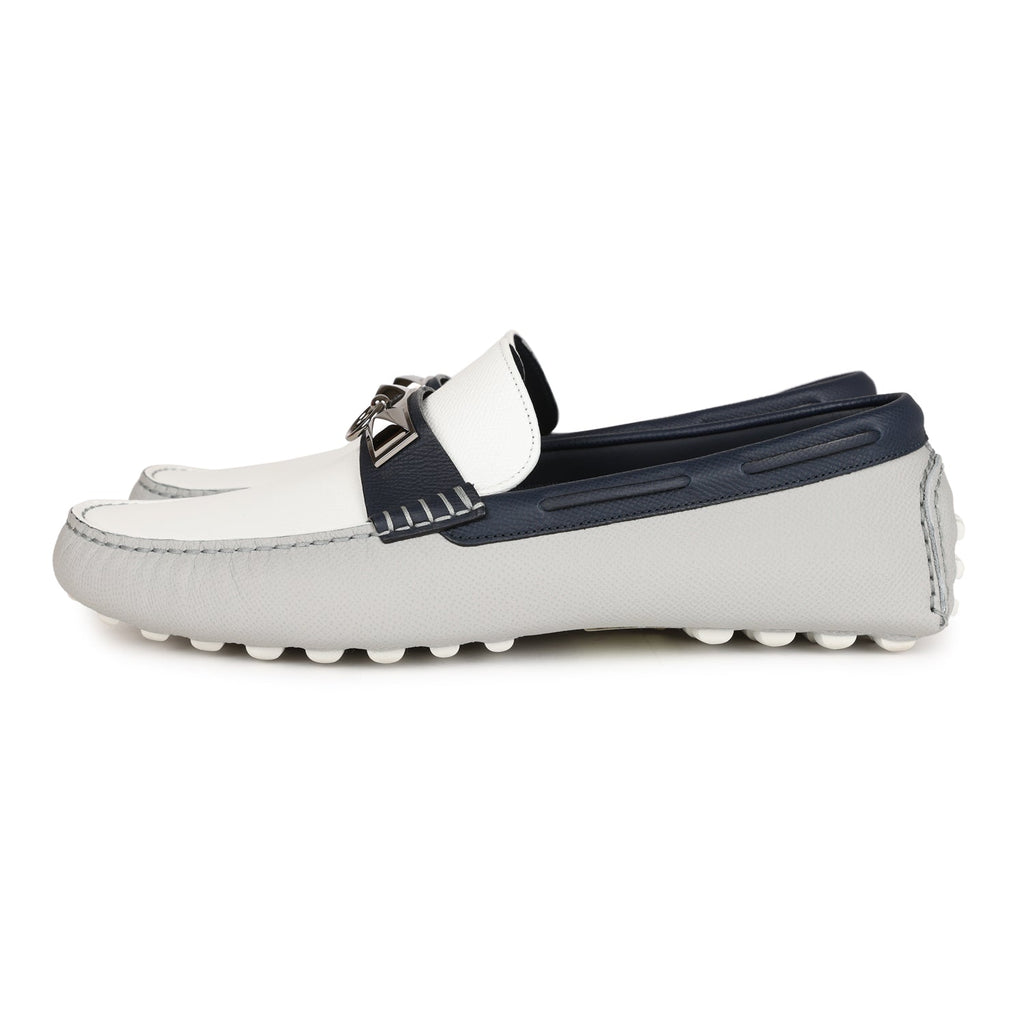Hermes Irving Loafer White, Bleu Glacier, Bleu Nuit Epsom Palladium Hardware 42 EU