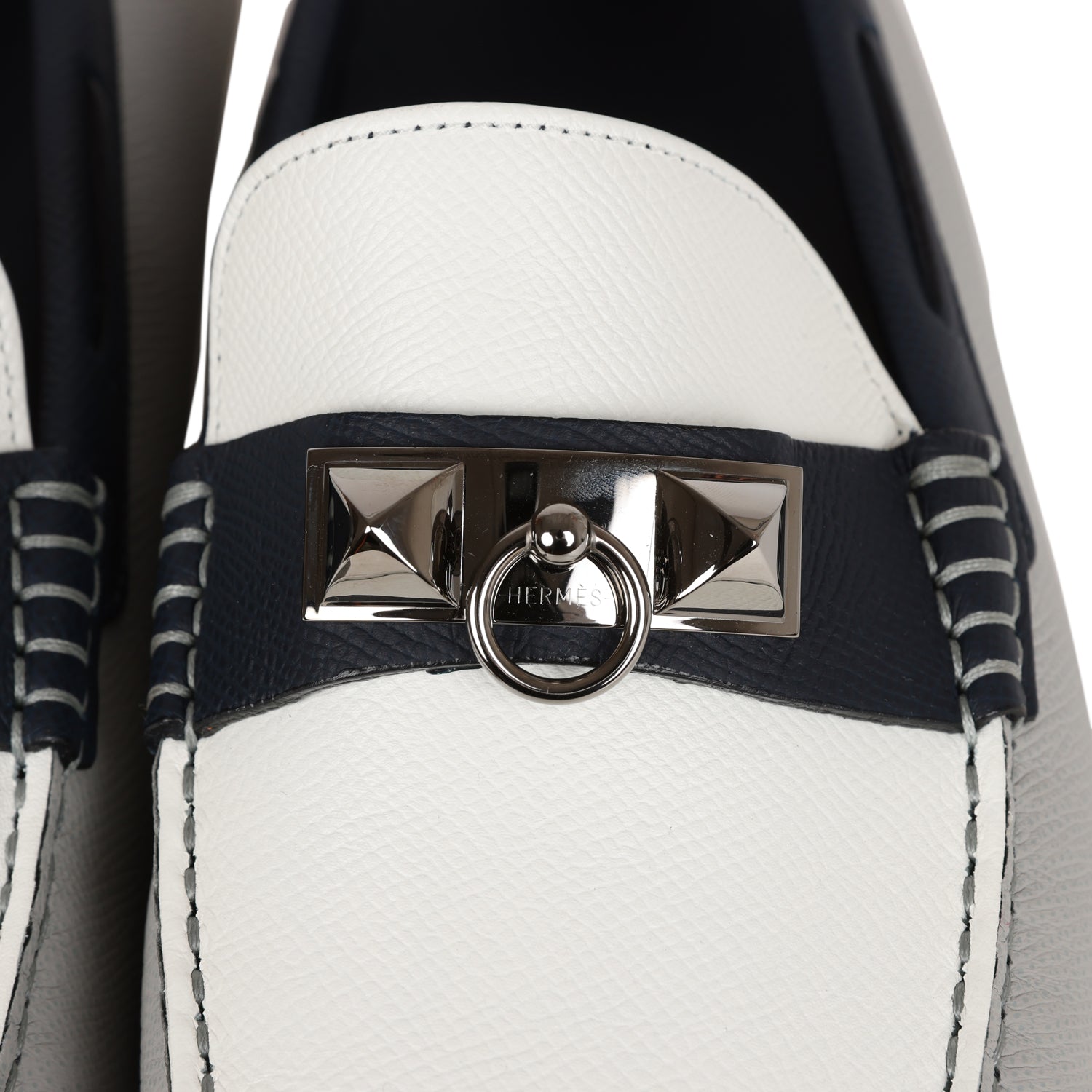 Hermes Irving Loafer White, Bleu Glacier, Bleu Nuit Epsom Palladium Hardware 42 EU