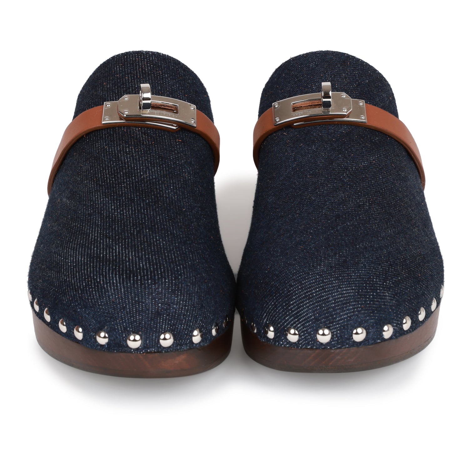 Hermes Carlotta Mule Bleu Brut Denim and Gold Calfskin 38