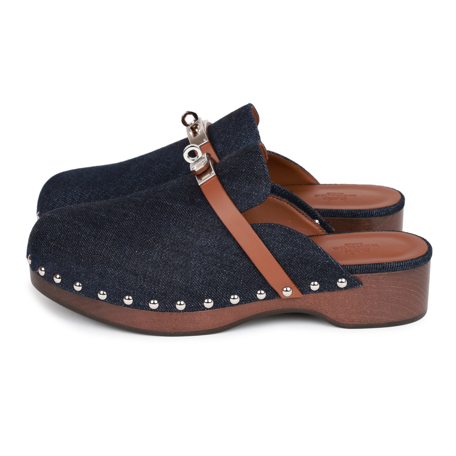 Hermes Carlotta Mule Bleu Brut Denim and Gold Calfskin 38
