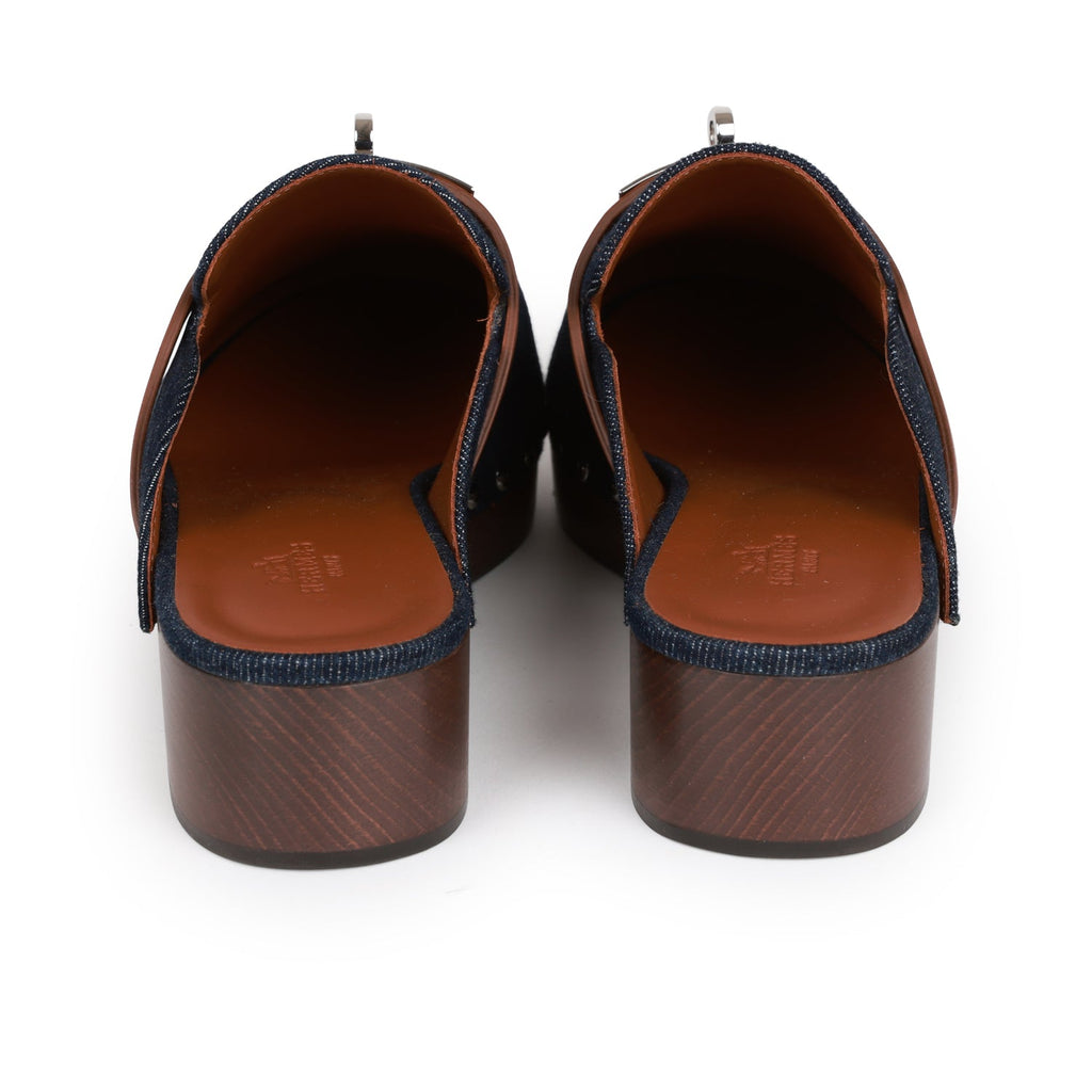 Hermes Carlotta Mule Bleu Brut Denim and Gold Calfskin 38
