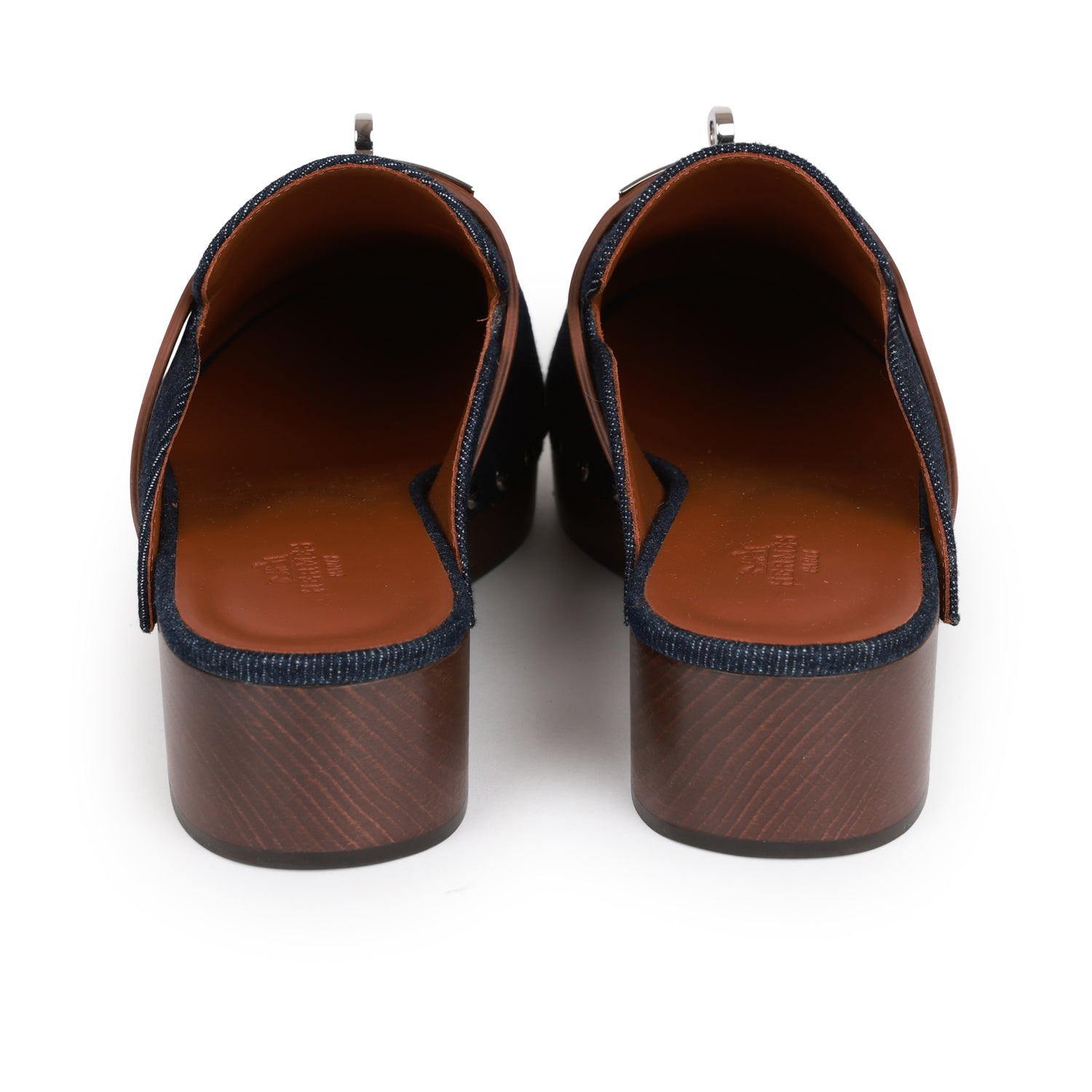 Hermes Carlotta Mule Bleu Brut Denim and Gold Calfskin 38