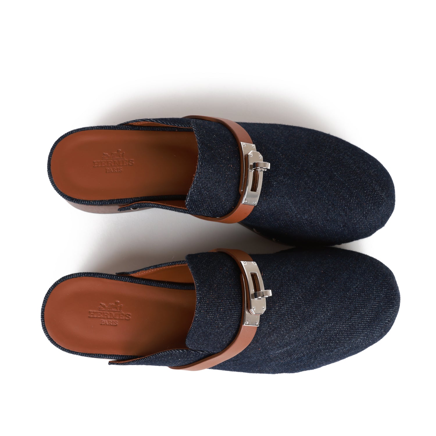 Hermes Carlotta Mule Bleu Brut Denim and Gold Calfskin 38